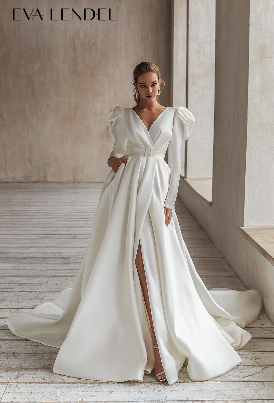 eva lendel 2021 bridal long gigot sleeves v neck wrap over bodice slit skirt simple minimalist modern chic a  line wedding dress pockets covered back chapel train (tayra) mv