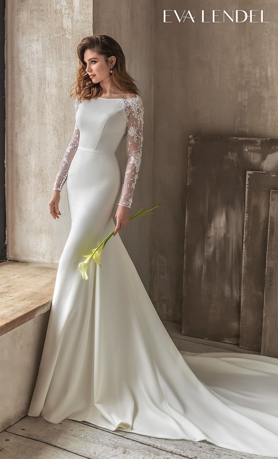 eva lendel 2021 bridal long lace sleeves bateau neck simple minimalist elegant fit and flare wedding dress keyhole back chapel train (blake) mv