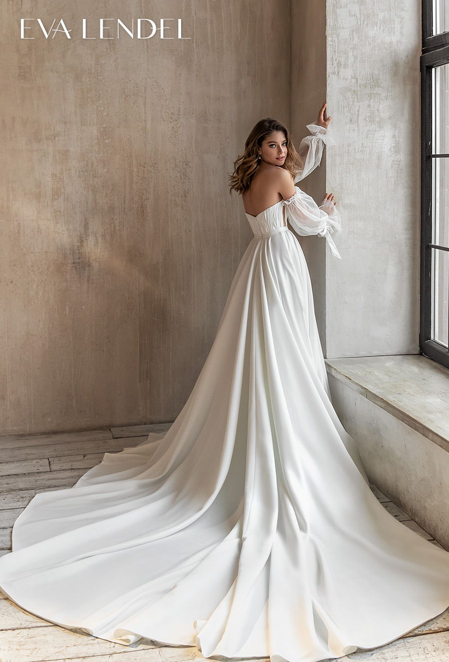 eva lendel 2021 bridal long poet sleeves off the shoulder deep plunging v neck simple romantic a  line wedding dress mid back chapel train (josie) bv