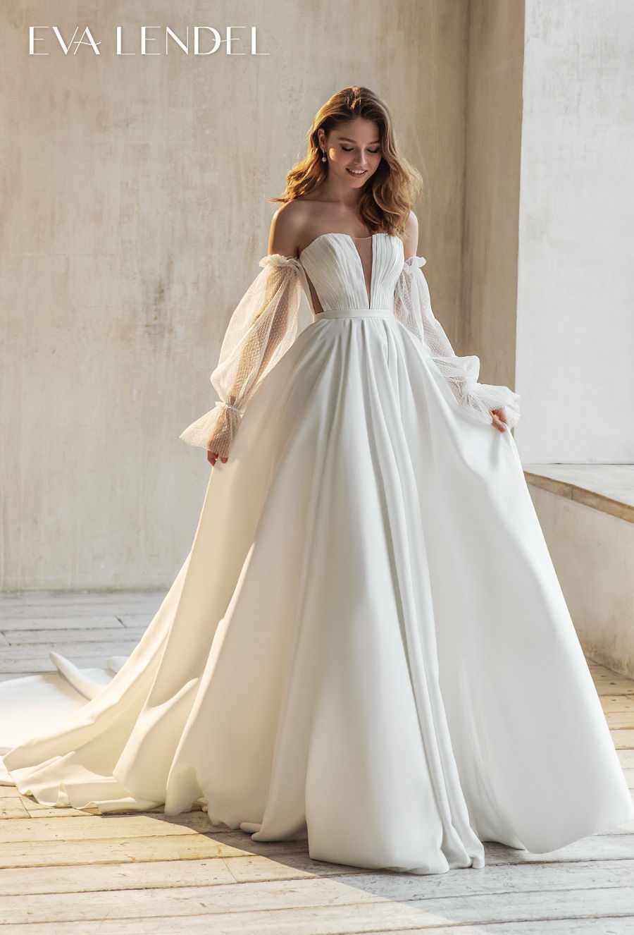 eva lendel 2021 bridal long poet sleeves off the shoulder deep plunging v neck simple romantic a  line wedding dress mid back chapel train (josie) mv