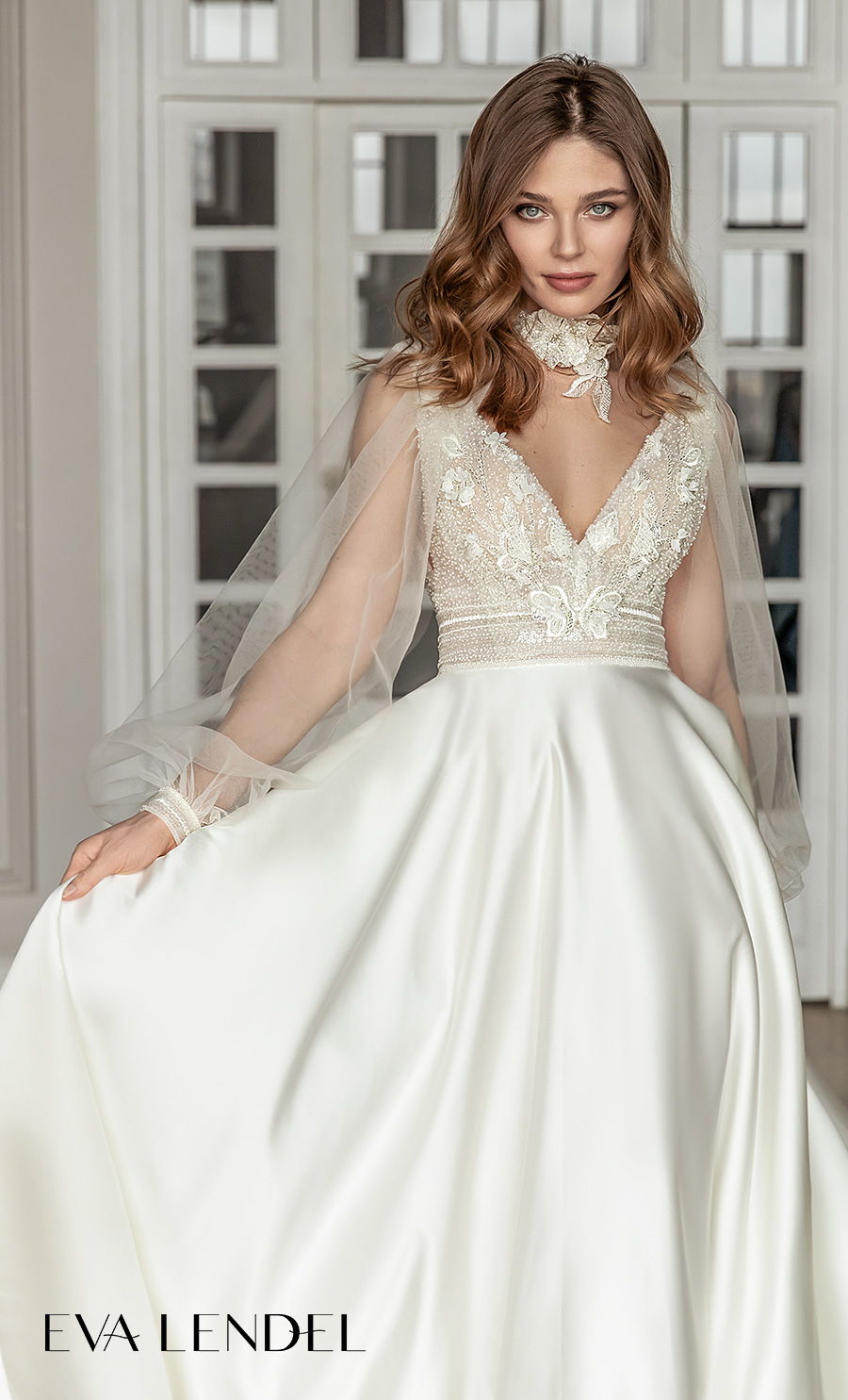 eva lendel 2021 bridal long sheer bishop sleeves v neck heavily embellished bodice romantic a  line wedding dress v back chapel train (marny) zv