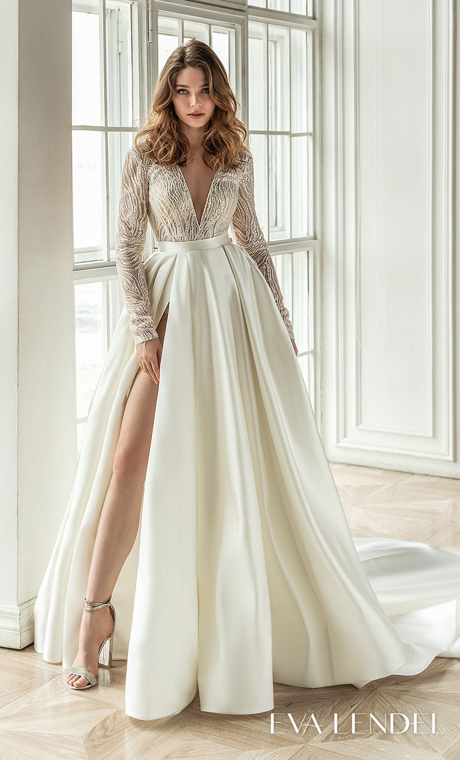 eva lendel 2021 bridal long sleeves deep v neck heavily embellished bodice slit skirt glamorous sexy a  line wedding dress low v back chapel train (amber) mv