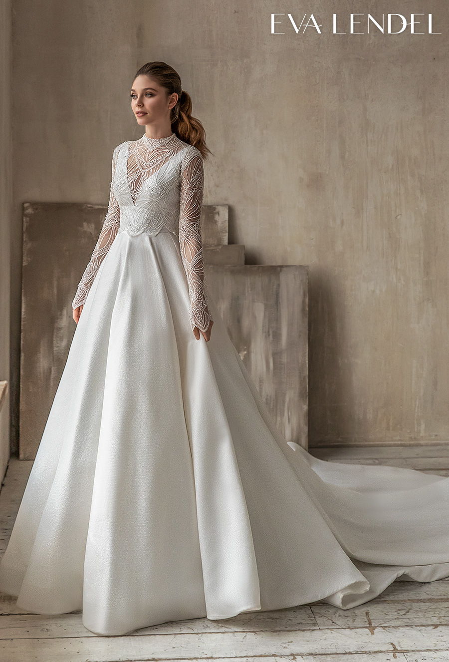 eva lendel 2021 bridal long sleeves illusion jewel neck v neck heavily embellished bodice romantic a  line wedding dress covered embellished back chapel train (amani) mv