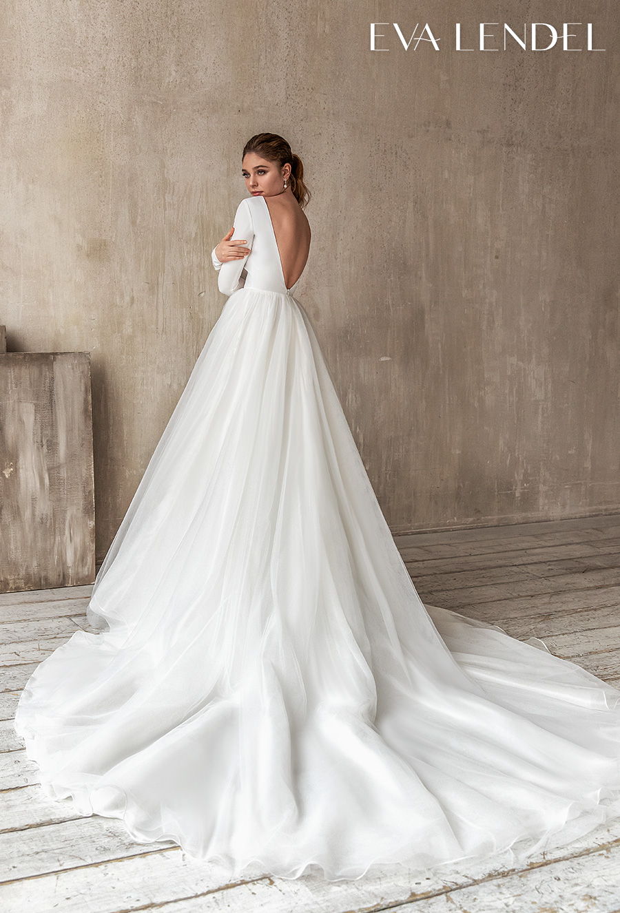 eva lendel 2021 bridal long sleeves v neck simple elegant romantic a  line wedding dress low v back chapel train (alba) bv