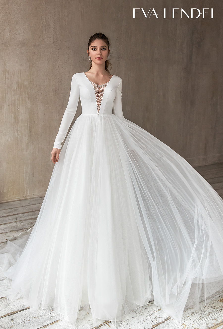 eva lendel 2021 bridal long sleeves v neck simple elegant romantic a  line wedding dress low v back chapel train (alba) mv