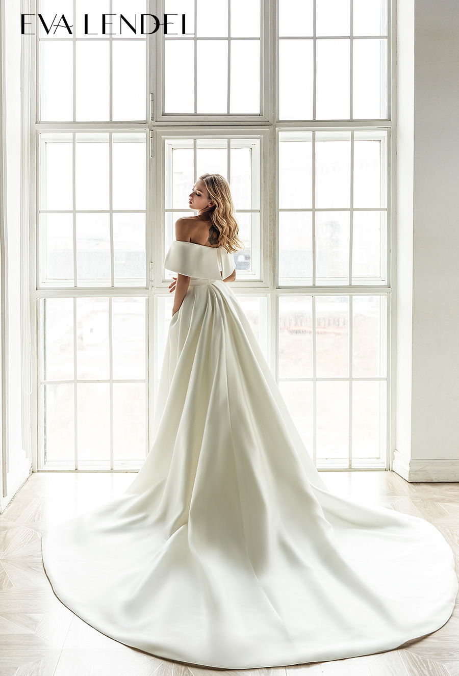 eva lendel 2021 bridal off the shoulder half sleeves sweetheart neckline wrap over simple minimalist elegant fit and flare sheath wedding dress a  line overskirt mid back chapel train (jess) bv