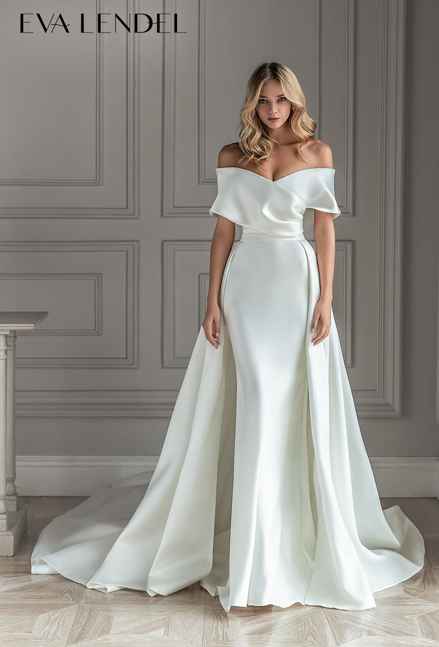 eva lendel 2021 bridal off the shoulder half sleeves sweetheart neckline wrap over simple minimalist elegant fit and flare sheath wedding dress a  line overskirt mid back chapel train (jess) mv