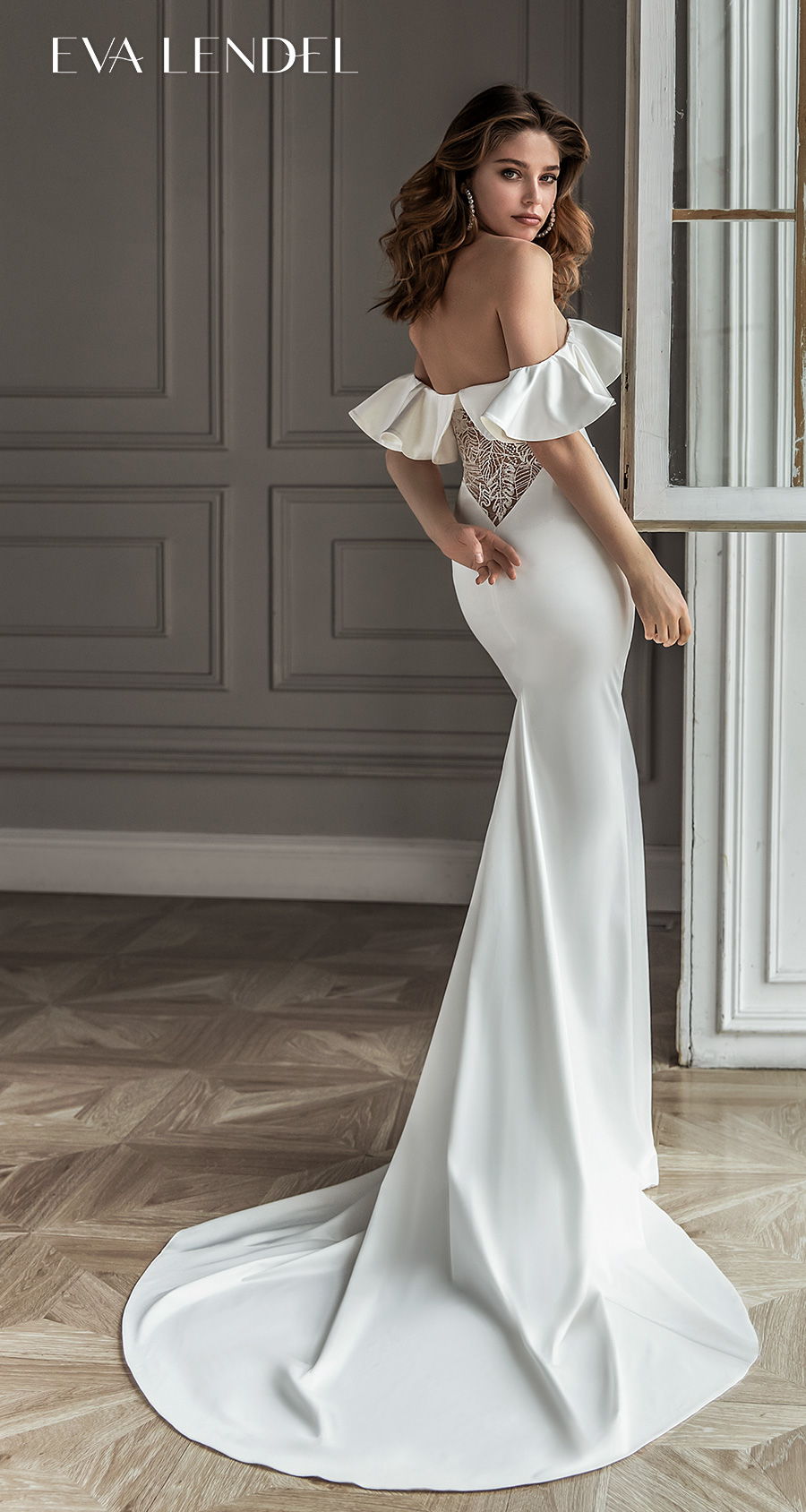 eva lendel 2021 bridal off the shoulder sweetheart neckline simple minimalist elegant fit and flare wedding dress mid back short train (helen) bv