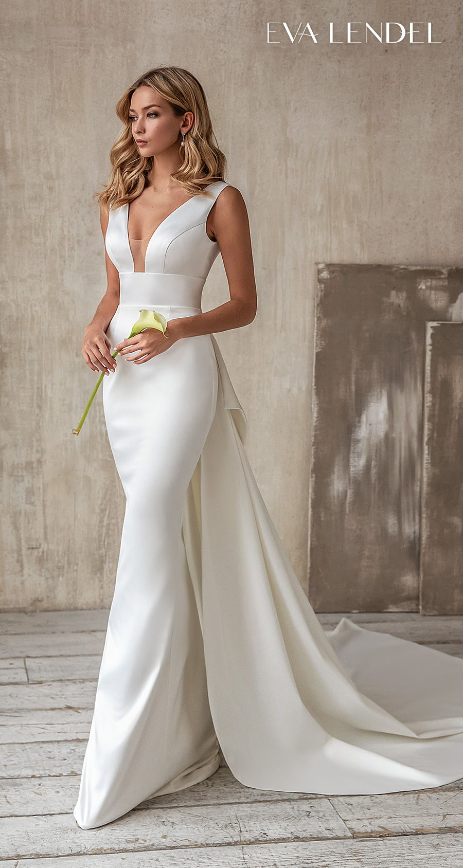 eva lendel 2021 bridal sleeveless deep v neck simple minimalist elegant modern fit and flare wedding dress backless ribbon back chapel train (debora) mv