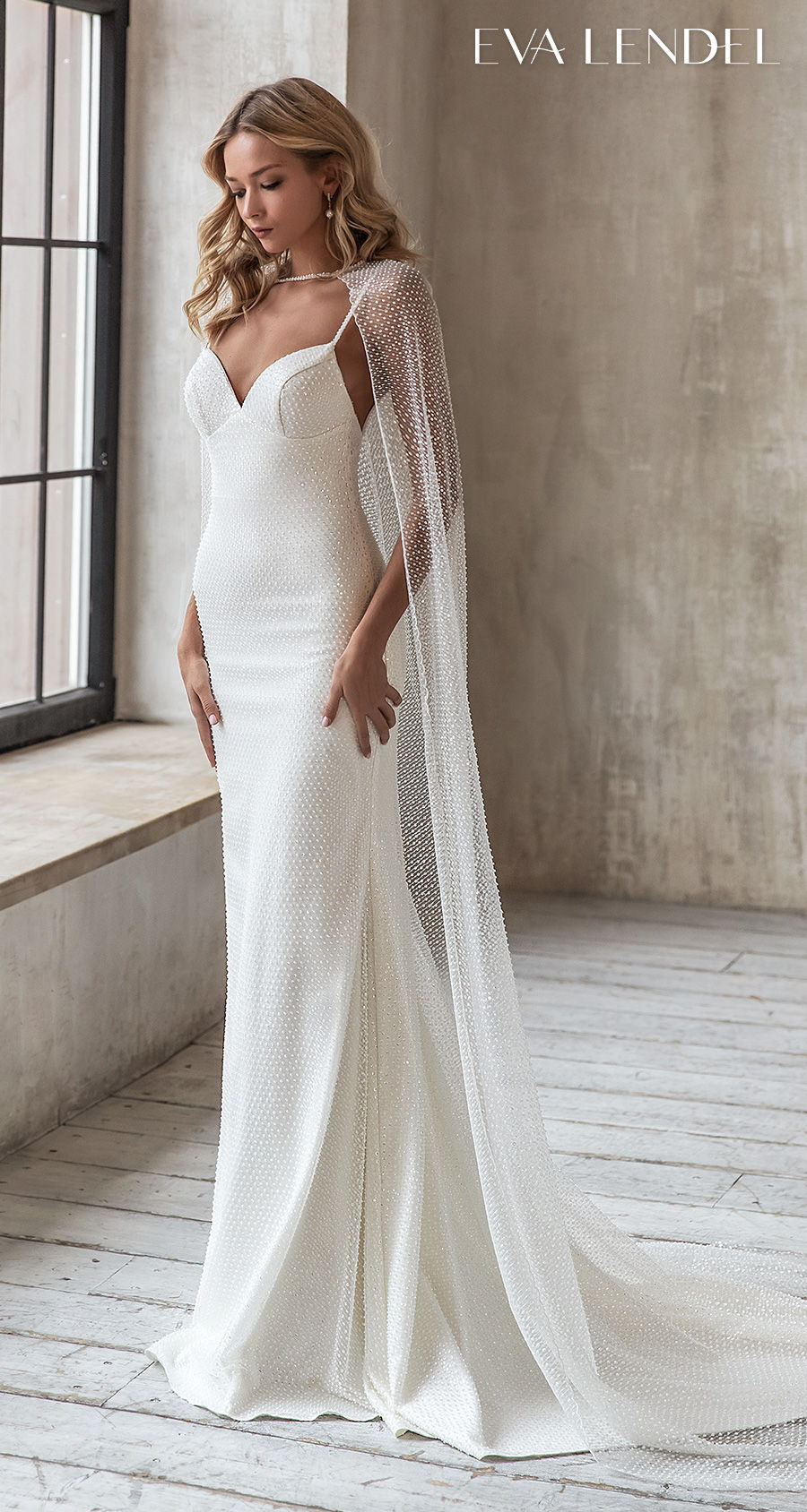 eva lendel 2021 bridal spaghetti strap sweetheart neckline light embellishment elegant glamorous fit and flare sheath wedding dress with cape backless medium train (daniel) mv