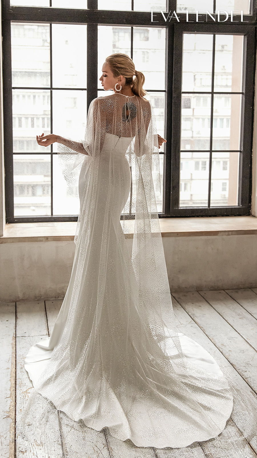 eva lendel 2021 bridal strapless sweetheart neckline simple minimalist elegant fit and flare wedding dress with sheer cape mid back medium train (cory) bv