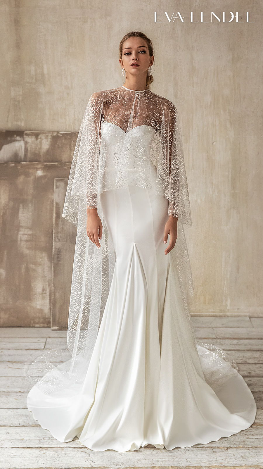 eva lendel 2021 bridal strapless sweetheart neckline simple minimalist elegant fit and flare wedding dress with sheer cape mid back medium train (cory) mv