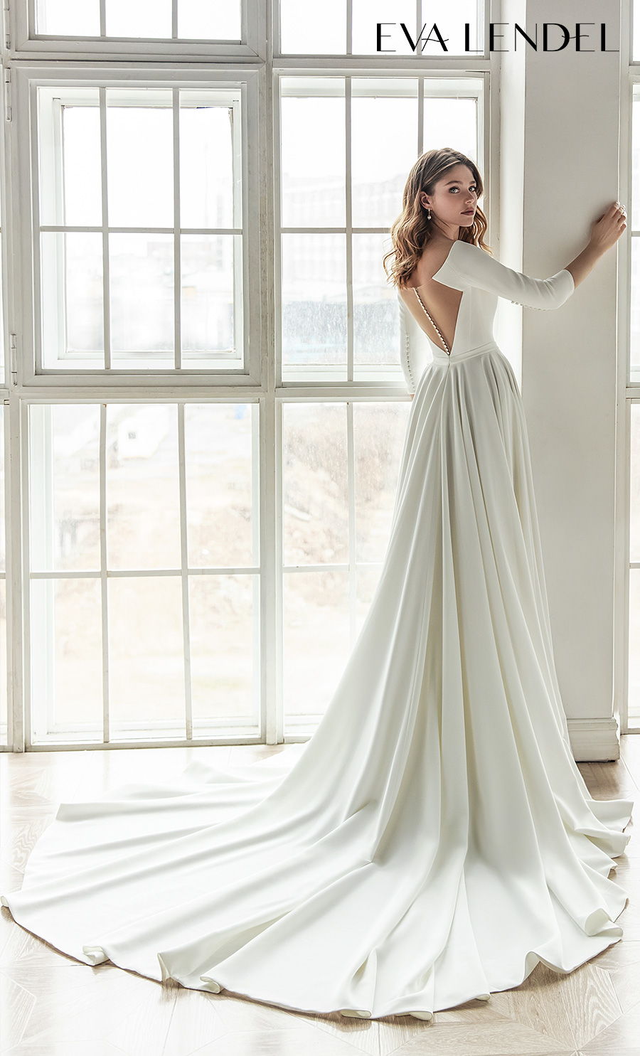 eva lendel 2021 bridal three quarter sleeves bateau neck simple minimalist ribbon waist slit skirt modern chic elegant a  line wedding dress sheer button back chapel train (rena) bv