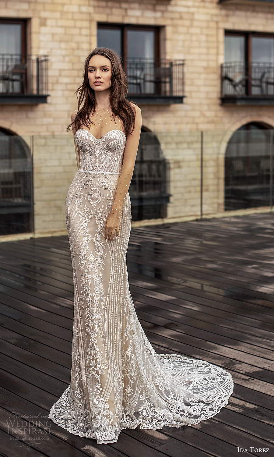 ida torez 2021 bridal illusion long sleeves sheer jewel sweetheart neckline fully embellished lace sheath wedding dress chapel train (14) mv