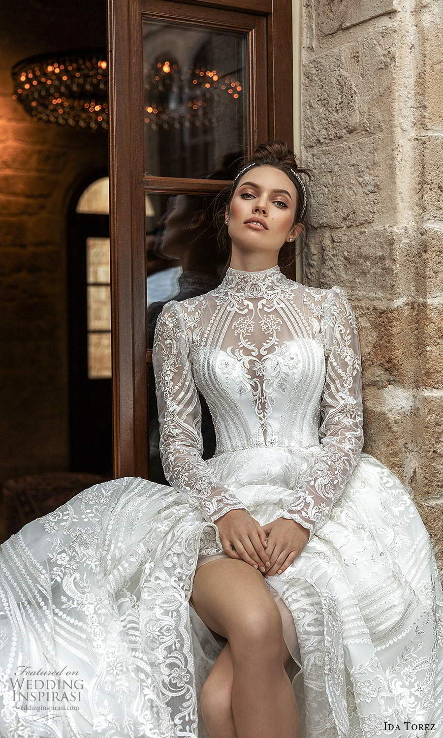 ida torez 2021 bridal long sleeve high neckline fully embellished lace a line ball gown wedding dress chapel train (9) zv