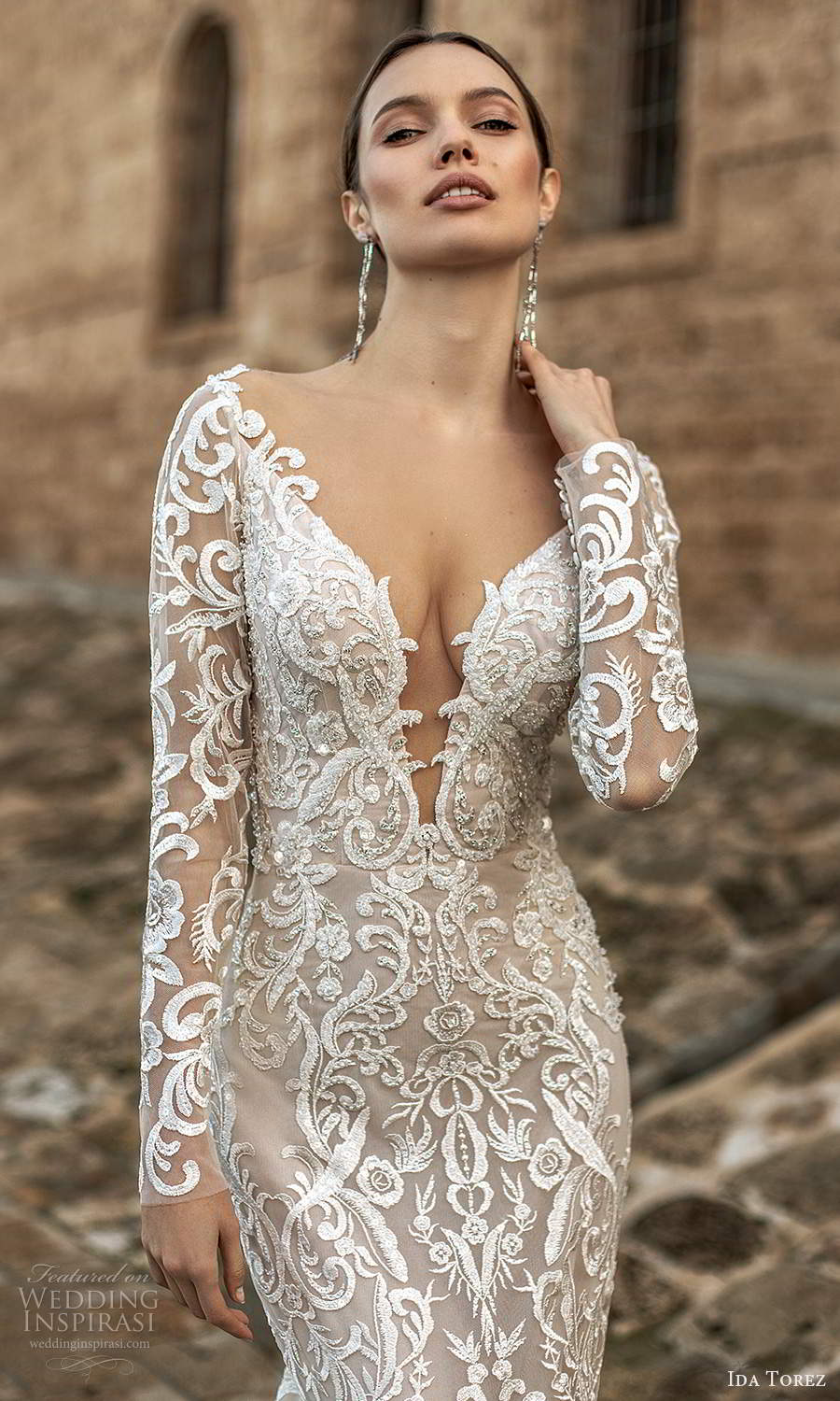 ida torez 2021 bridal sheer long sleeves plunging v neckline fully embellished lace sheath wedding dress sheer back chapel train (2) zv