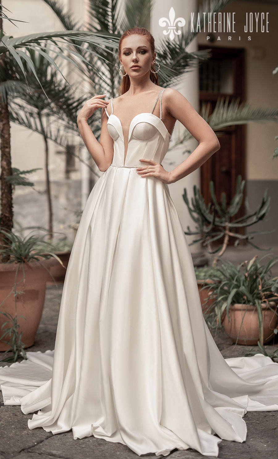 katherine joyce 2021 naples bridal double strap deep plunging sweetheart neckline minimalist simple modern a line wedding dress mid back royal train (muza) mv