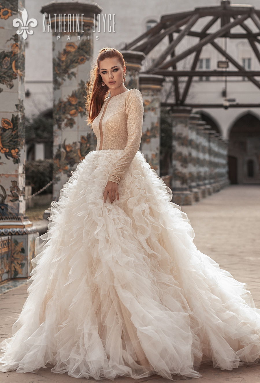 katherine joyce 2021 naples bridal long sleeves bateau neck light embellishment ruffled skirt glamorous a line wedding dress covered back chapel train (betanie) mv