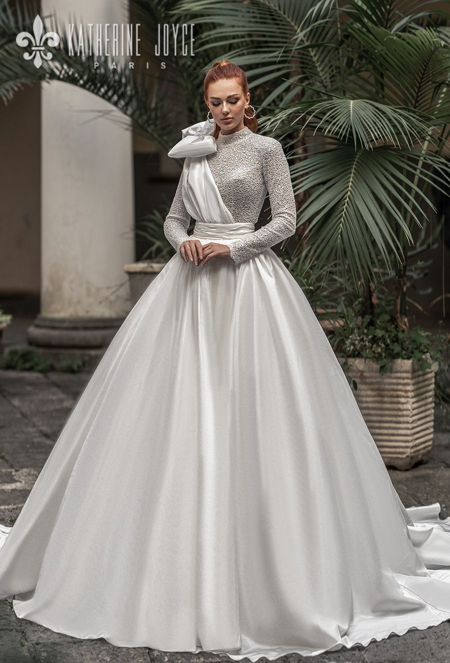 katherine joyce 2021 naples bridal long sleeves high neck full embellishment glitter glamorous ball gown wedding dress covered button back chapel train (mulan) mv