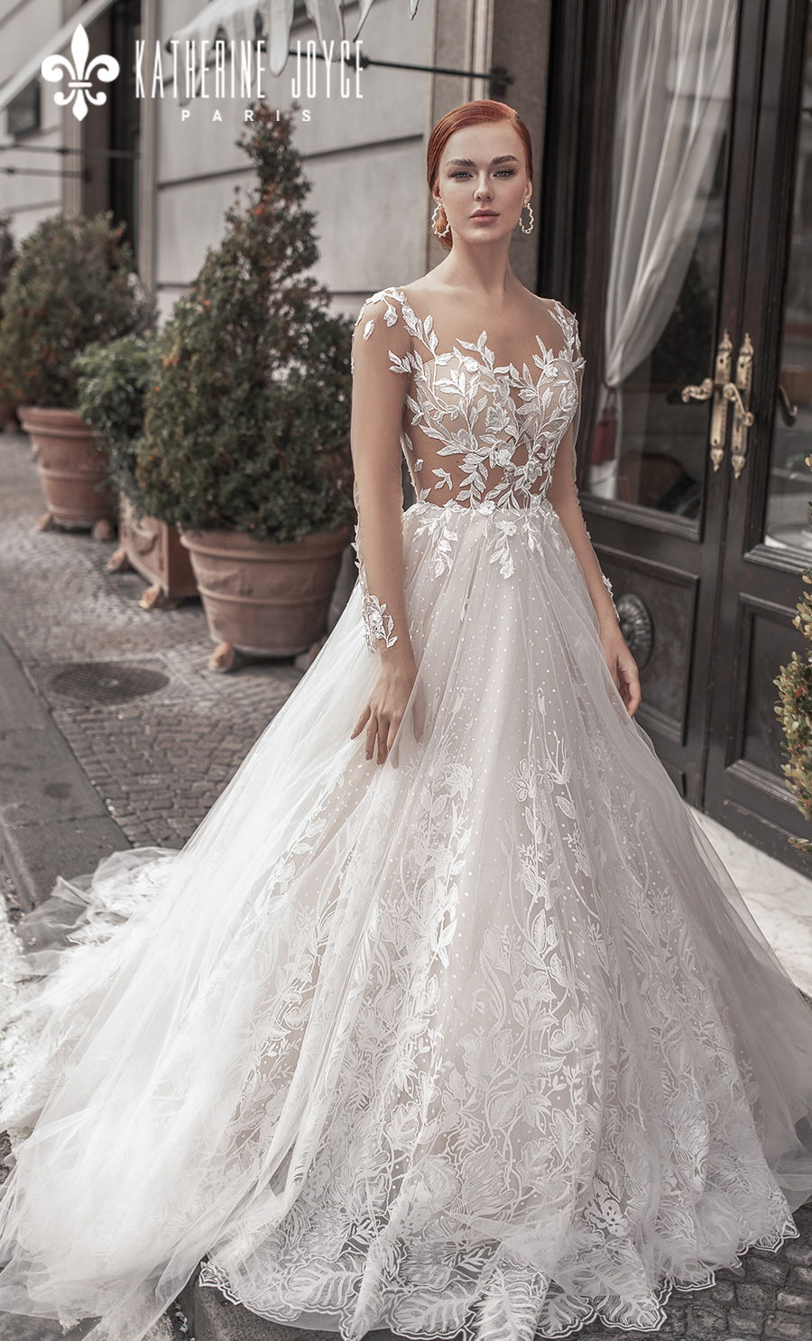 katherine joyce 2021 naples bridal long sleeves sheer bateau sweetheart full embellishment romantic a line wedding dress sheer button back chapel train (afradita) mv