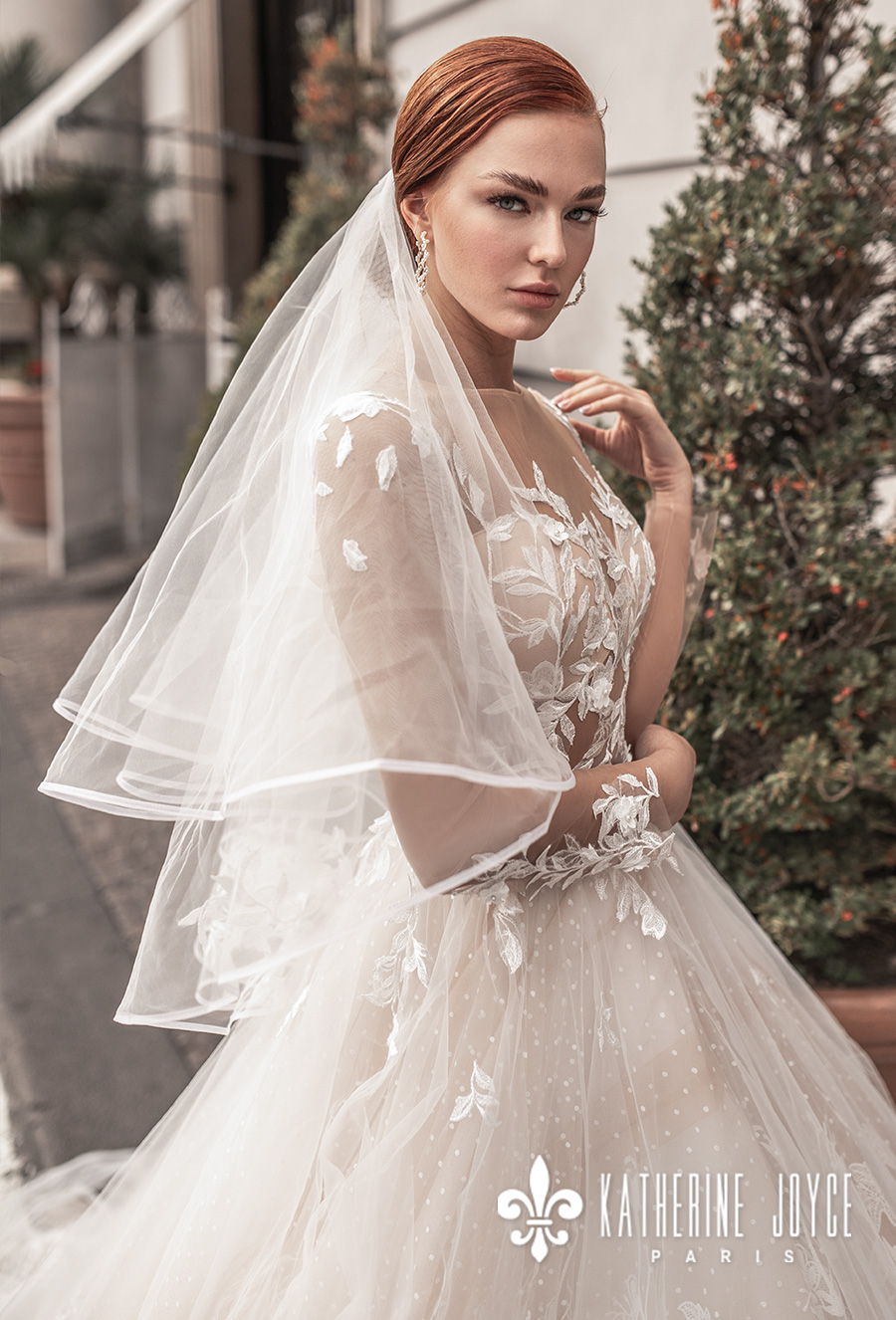 katherine joyce 2021 naples bridal long sleeves sheer bateau sweetheart full embellishment romantic a line wedding dress sheer button back chapel train (afradita) zv