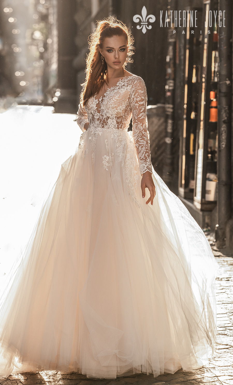 katherine joyce 2021 naples bridal long sleeves v neck heavily embellished bodice romantic a line wedding dress sheer button v back (vesta) mv