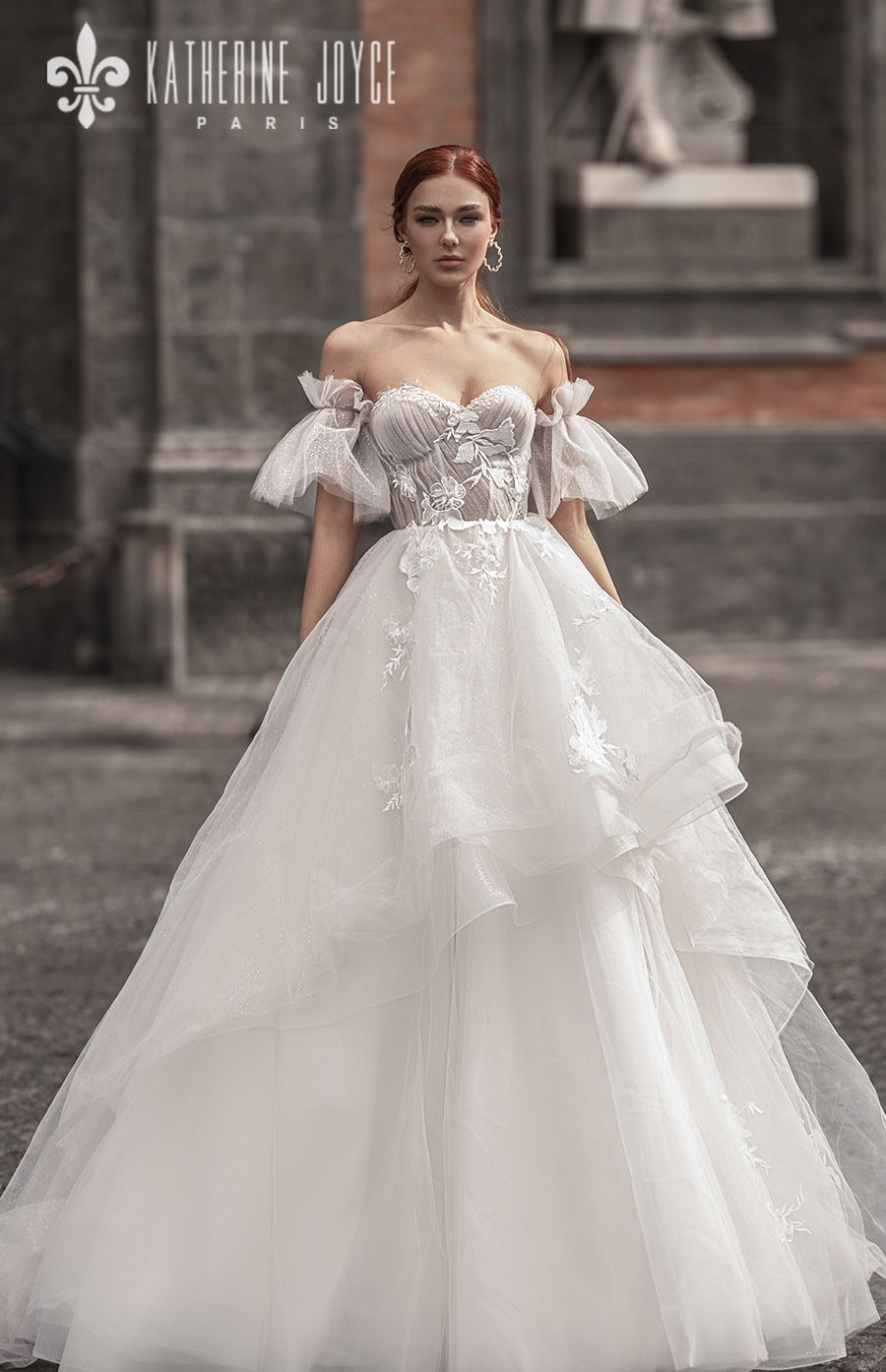 katherine joyce 2021 naples bridal off the shoulder half lantern sleeves sweetheart neckline heavily embellished bodice tiered skirt romantic a line wedding dress mid back (kaya) mv