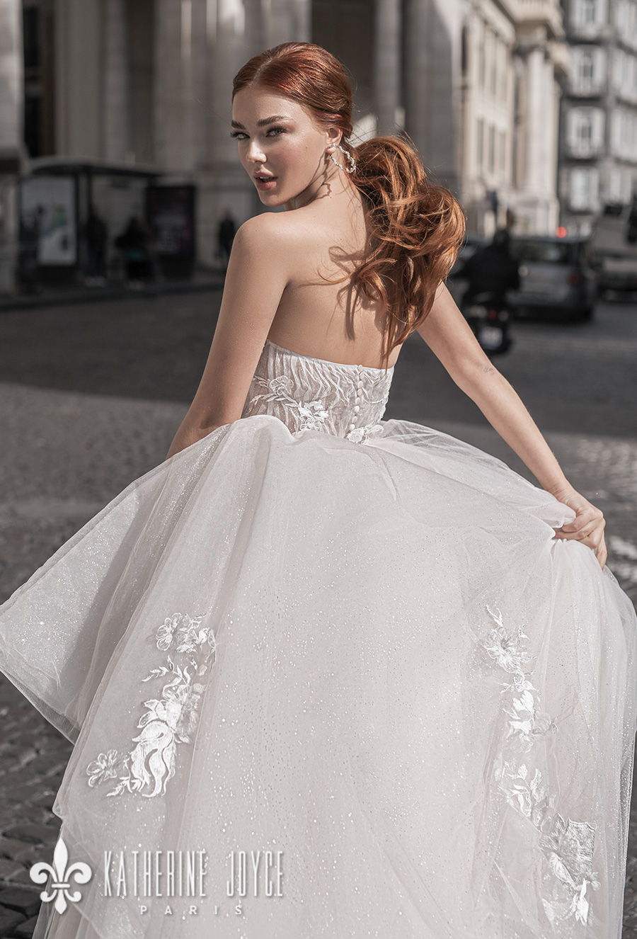 katherine joyce 2021 naples bridal off the shoulder half lantern sleeves sweetheart neckline heavily embellished bodice tiered skirt romantic a line wedding dress mid back (kaya) zbv