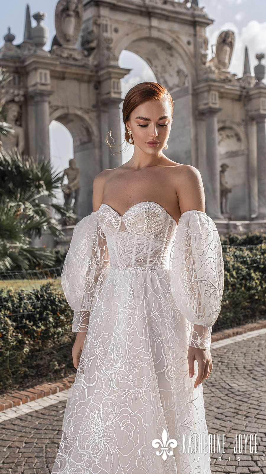 katherine joyce 2021 naples bridal off the shoulder long bishop sleeves sweetheart neckline full embellishment romantic a line wedding dress ribbon mid back sweep train (elizabet) zv