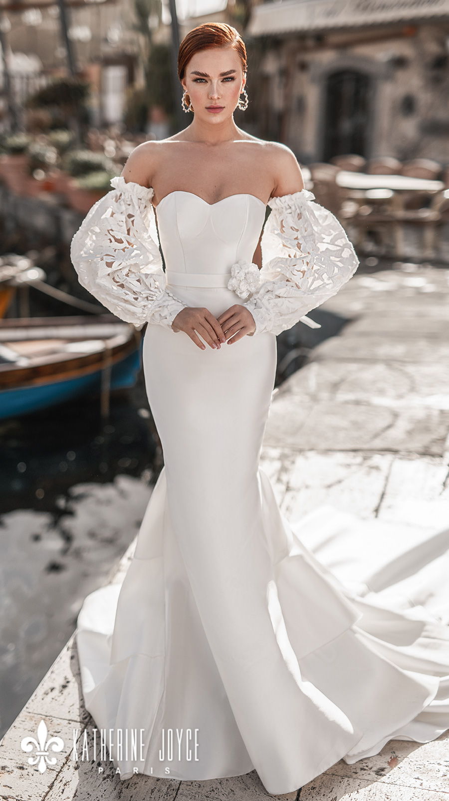 katherine joyce 2021 naples bridal off the shoulder long bishop sleeves sweetheart neckline simple minimalist elegant mermaid wedding dress mid back chapel train (cloudi) mv