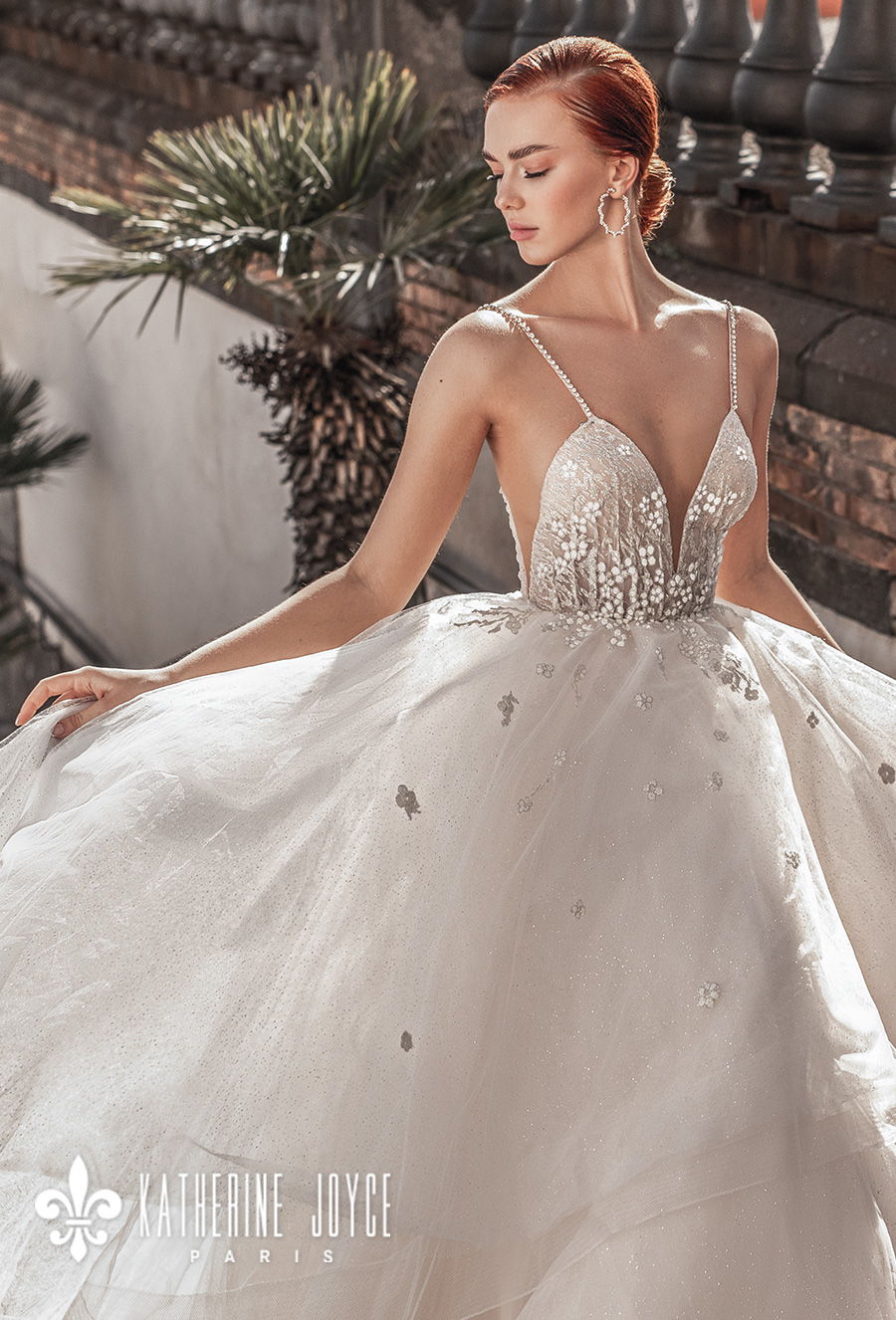 katherine joyce 2021 naples bridal sleeveless spaghetti strap deep sweetheart neckline heavily embellished bodice tiered skirt romantic a line wedding dress mid back chapel train (luna) zv mv