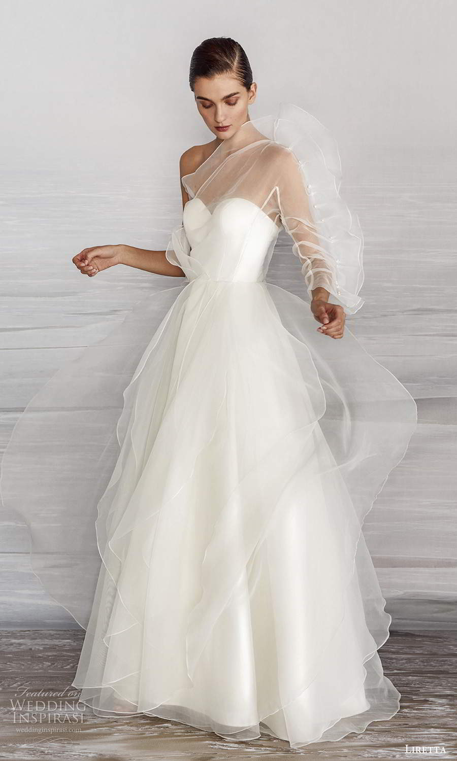 liretta 2021 bridal sheer one shoulder sleeve strapless sweetheart neckline clean minimalist a line ball gown wedding dress (1) mv