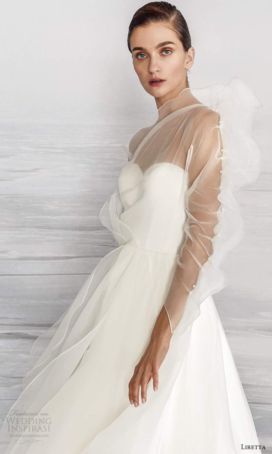 liretta 2021 bridal sheer one shoulder sleeve strapless sweetheart neckline clean minimalist a line ball gown wedding dress (1) zv