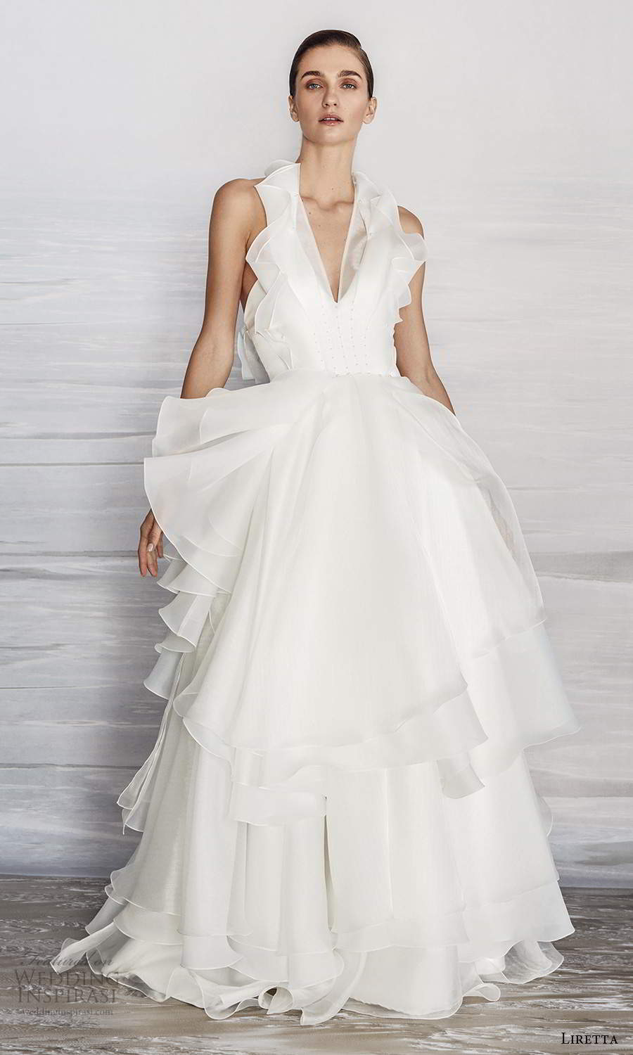 liretta 2021 bridal sleeveless halter neckline v neckline ruffle bodice a line wedding dress sweep train (3) mv