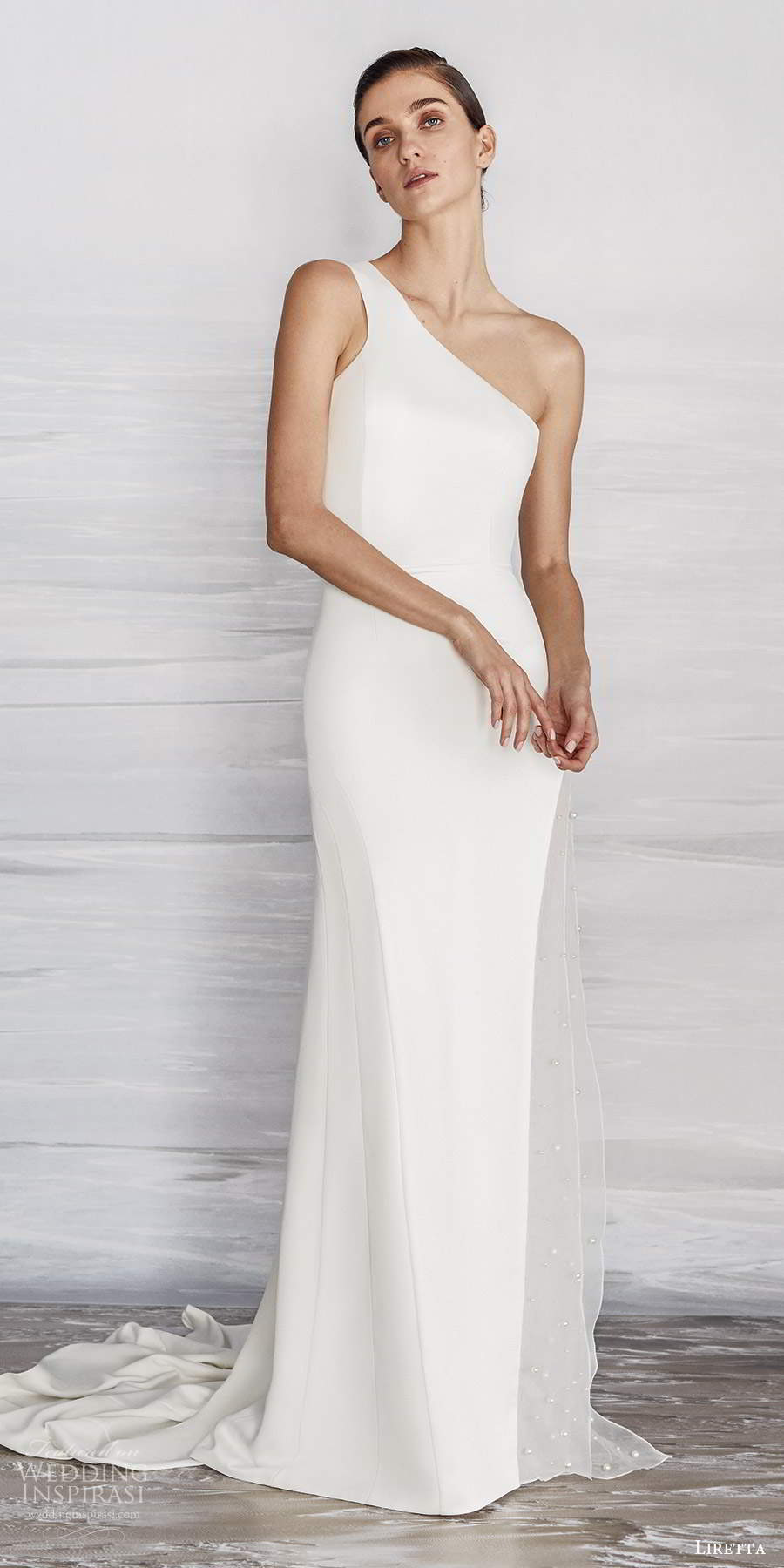 liretta 2021 bridal sleeveless one shoulder strap clean minimalist sheath wedding dress slit skirt sweep train (13) mv