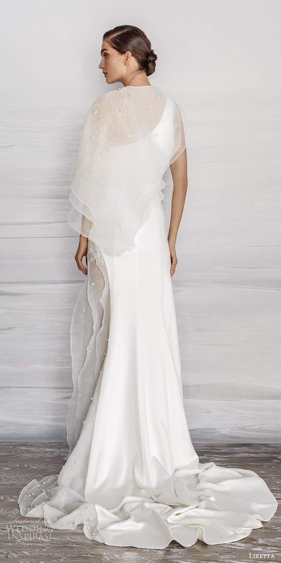 liretta 2021 bridal sleeveless one shoulder strap clean minimalist sheath wedding dress slit skirt sweep train sheer cape (13) bv