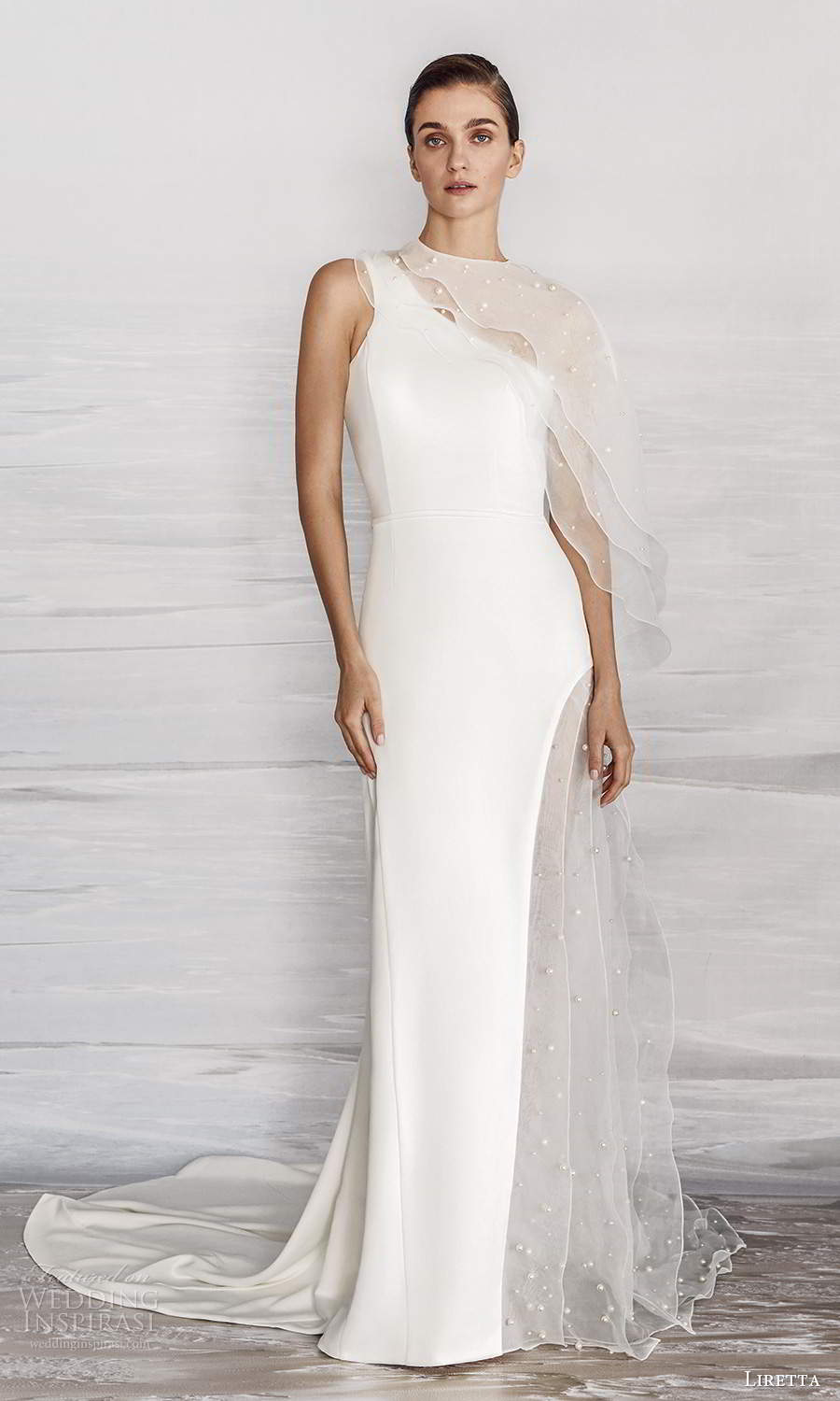 liretta 2021 bridal sleeveless one shoulder strap clean minimalist sheath wedding dress slit skirt sweep train sheer cape (13) mv liretta 2021 bridal sleeveless one shoulder strap clean minimalist sheath wedding dress slit skirt sweep train sheer cape (13) mv