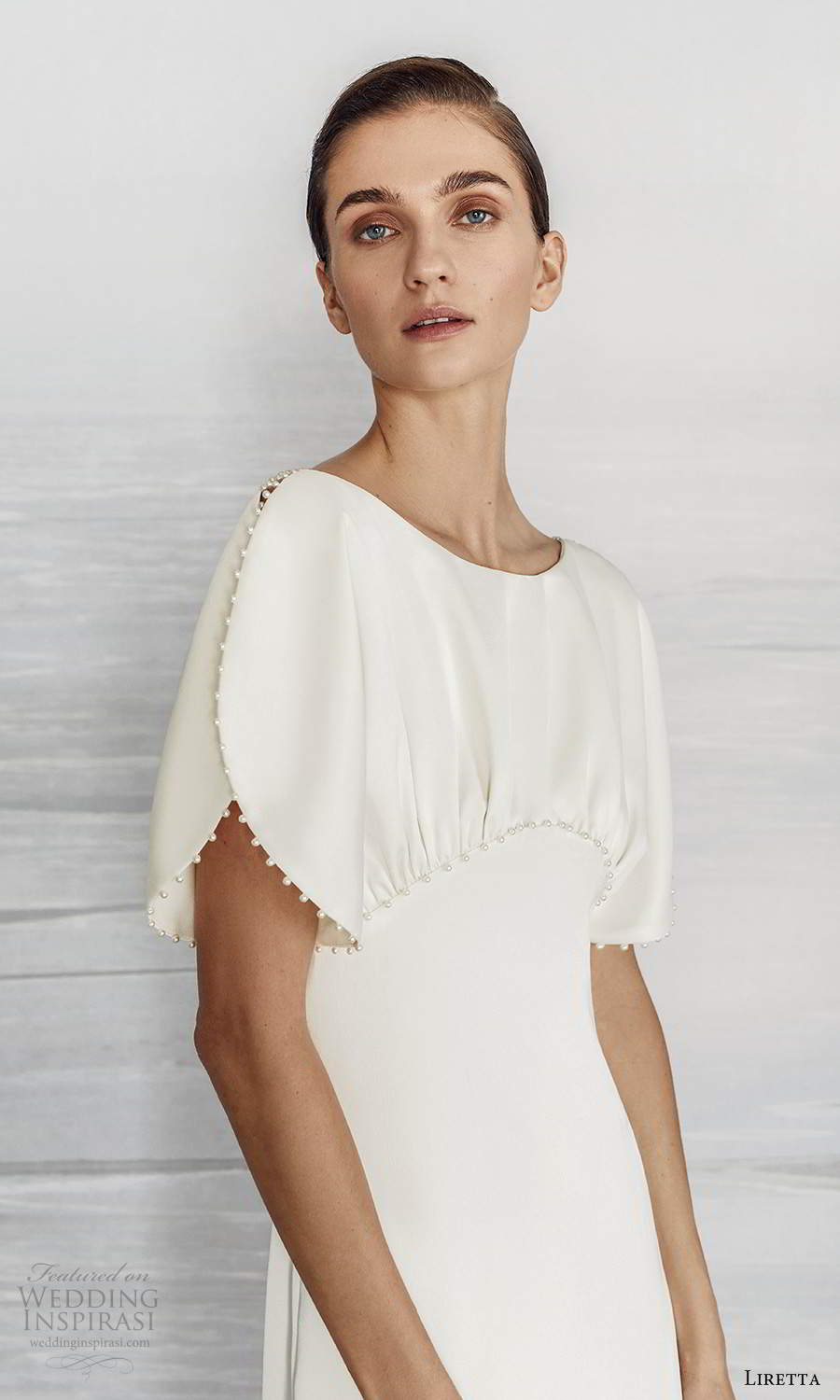 liretta 2021 bridal split tulip short sleeves jewel neckline clean minimalist empire wedding dress chapel trian (12) zv