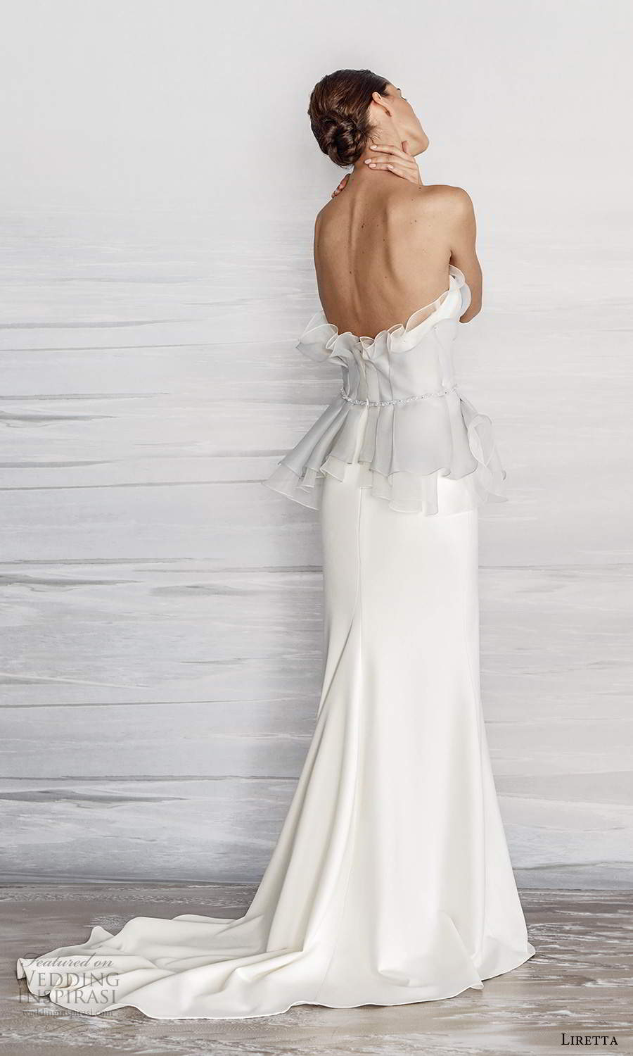 liretta 2021 bridal strapless semi sweetheart embellished layered bodice clean minimalist sheath wedding dress chapel train (6) bv