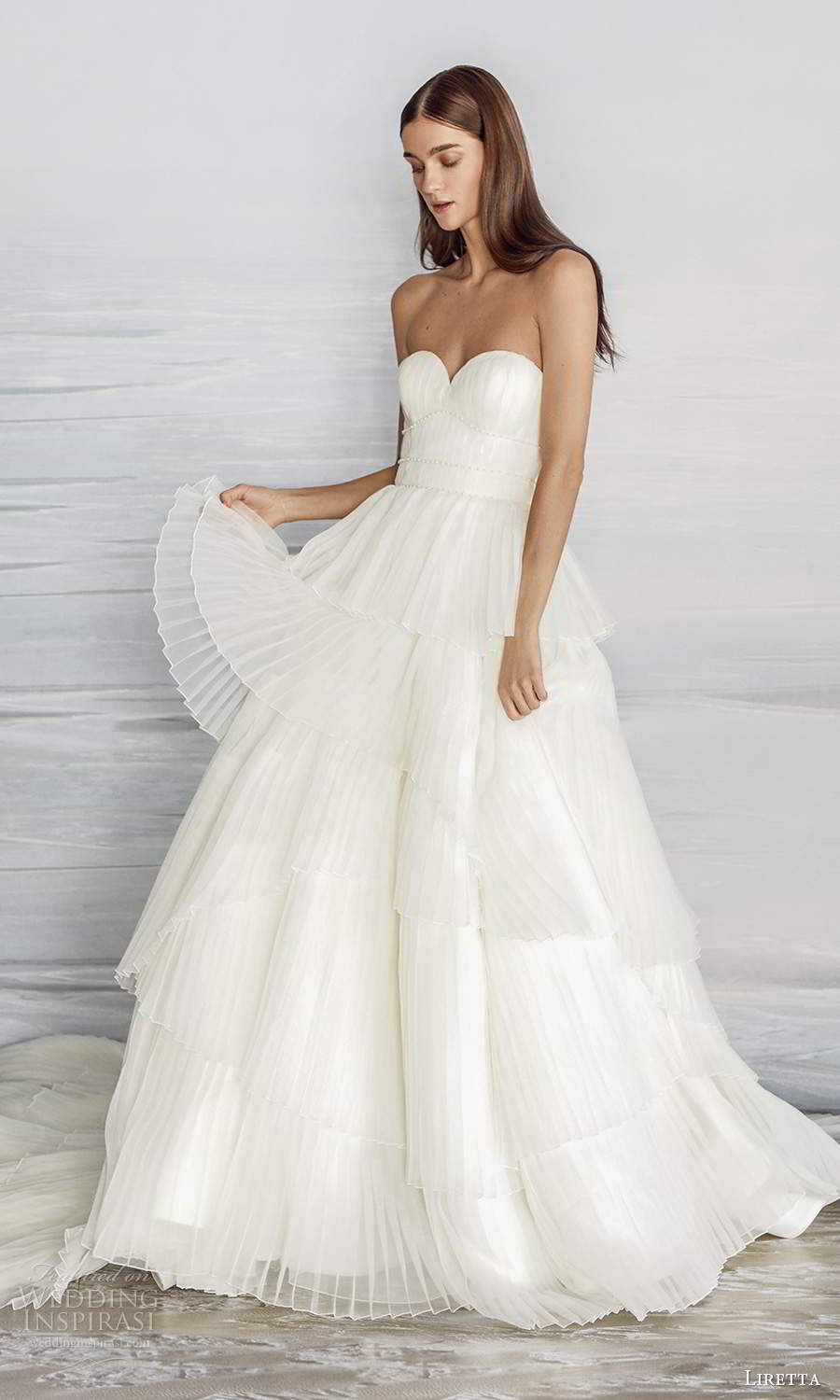 liretta 2021 bridal strapless sweetheart neckline clean minimalist a line ball gown wedding dress chapel train ruffle skirt (2) mv