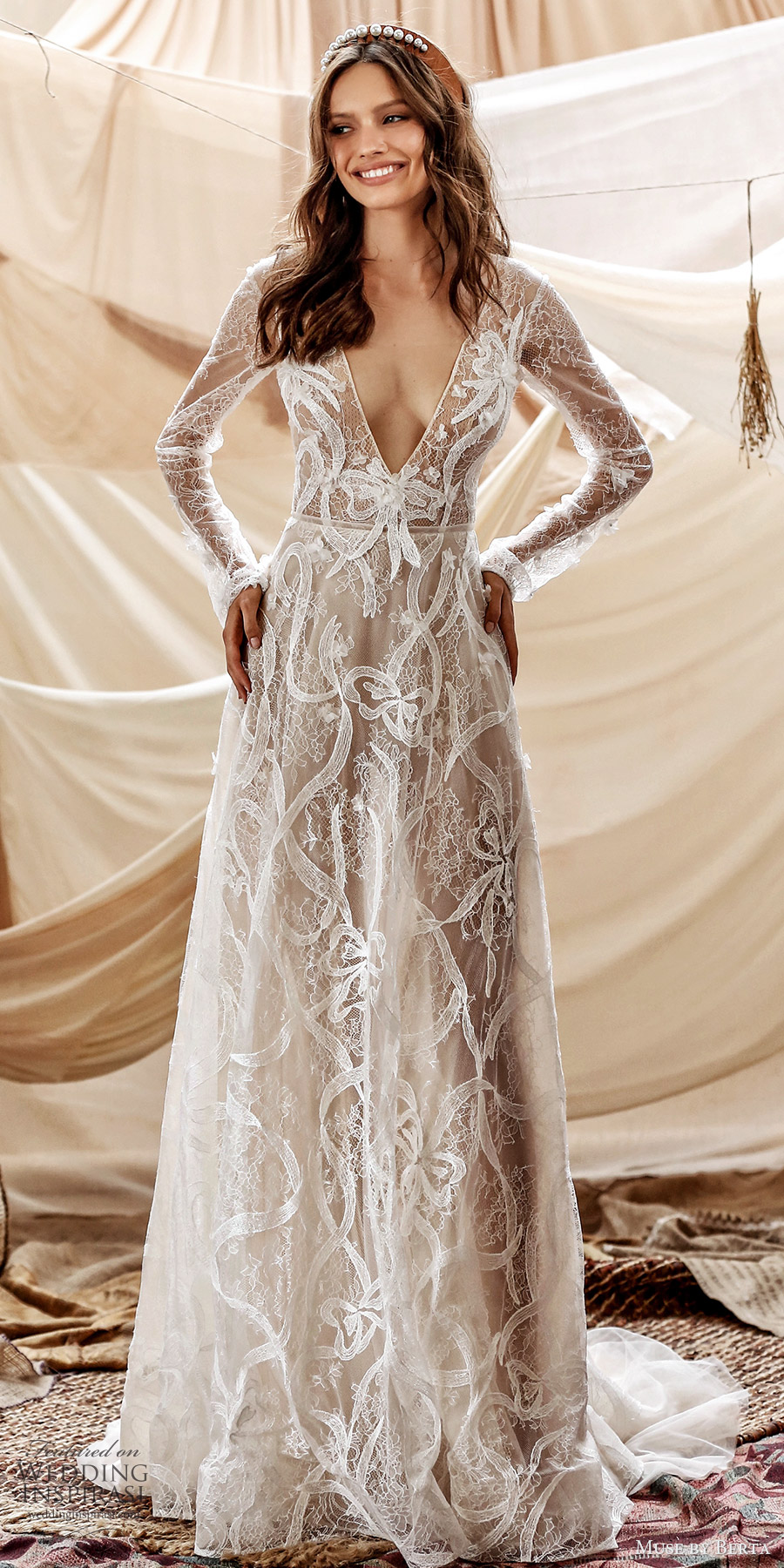 muse by berta spring 2021 bridal long sleeves plunging v neckline fully embellished lace a line wedding dress chapel train boho chic (10) mv