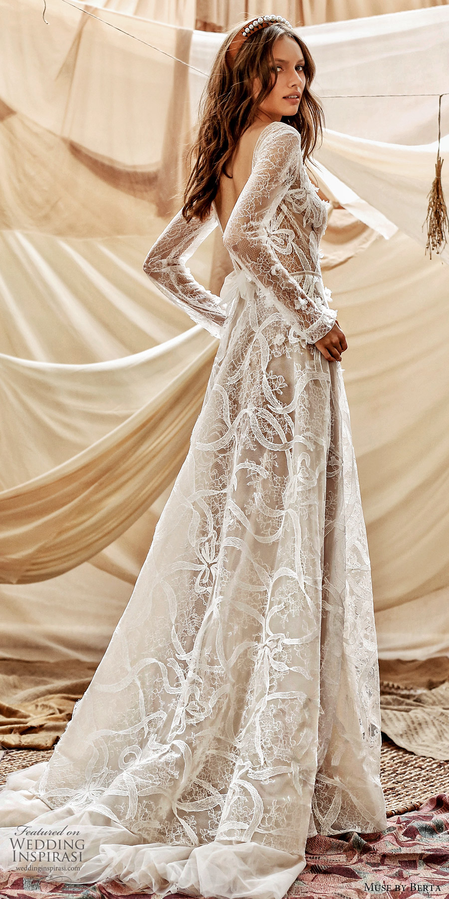 muse by berta spring 2021 bridal long sleeves plunging v neckline fully embellished lace a line wedding dress chapel train v back boho chic (10) mv