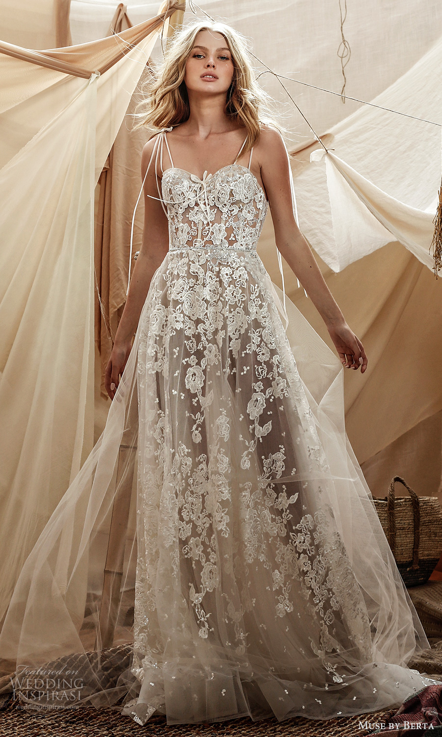 muse by berta spring 2021 bridal sleeveless double straps sweetheart neckline fully embellished lace a line ball gown wedding dress sheer skirt chapel train (15) mv