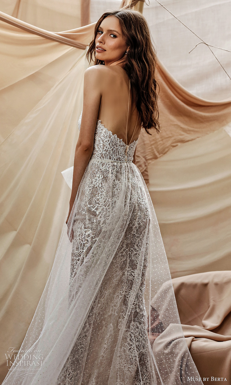 muse by berta spring 2021 bridal sleeveless illusion straps scallop sweetheart neckline fully embellished lace sheath wedding dress sheer a line overskirt chapel train (14) bv