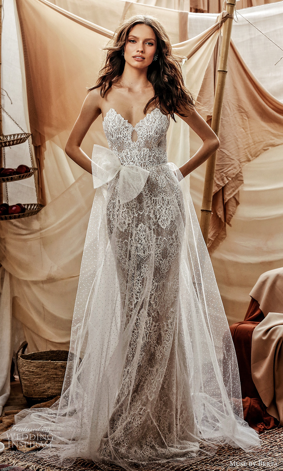 muse by berta spring 2021 bridal sleeveless illusion straps scallop sweetheart neckline fully embellished lace sheath wedding dress sheer a line overskirt chapel train (14) mv