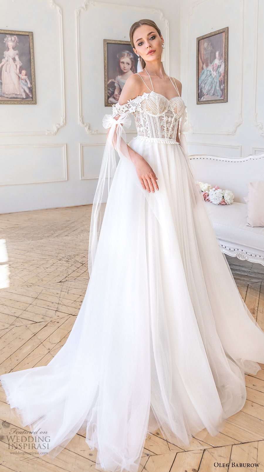 oleg baburow 2021 bridal cold shoulder double straps sweetheart neckline heavily embellished bodice romantic a  line wedding dress mid back short train (2) mv