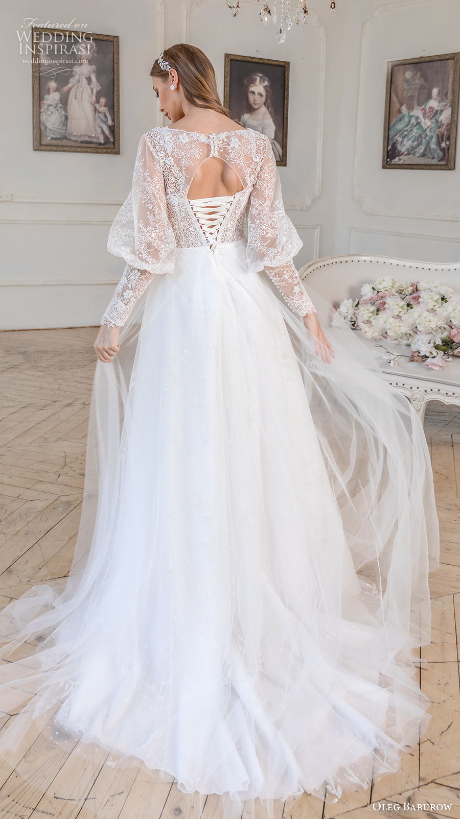 oleg baburow 2021 bridal long gigot sleeves sweetheart neckline heavily embellished bodice romantic a  line wedding dress keyhole corset back medium train (4) bv