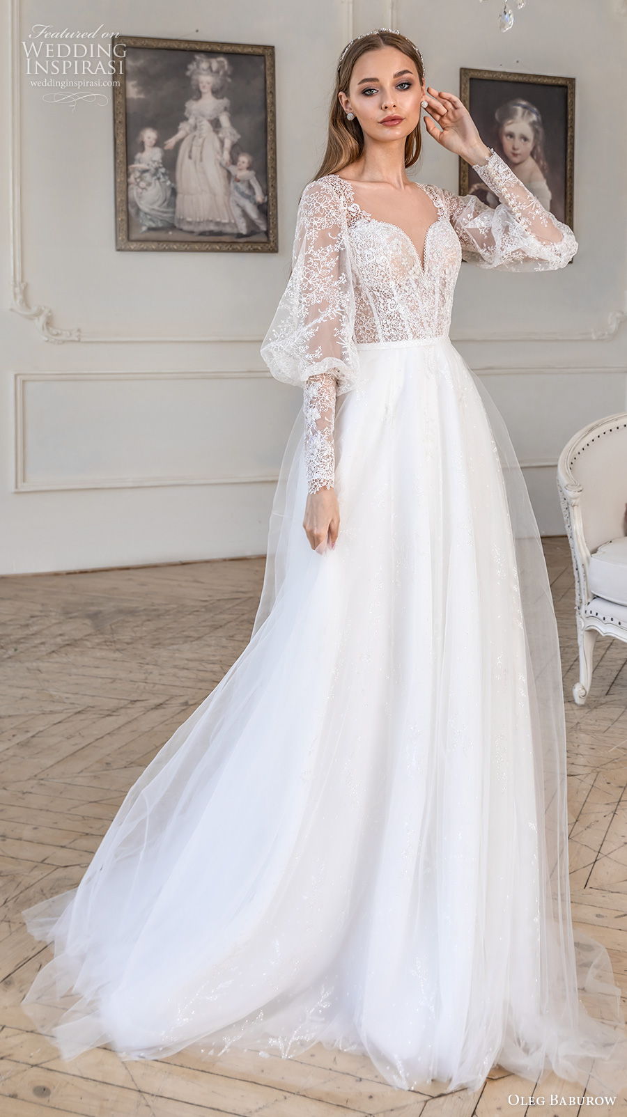 oleg baburow 2021 bridal long gigot sleeves sweetheart neckline heavily embellished bodice romantic a  line wedding dress keyhole corset back medium train (4) mv