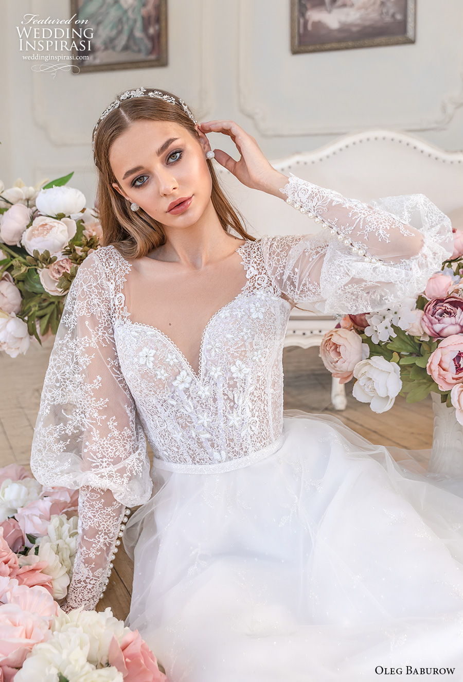 oleg baburow 2021 bridal long gigot sleeves sweetheart neckline heavily embellished bodice romantic a  line wedding dress keyhole corset back medium train (4) zv