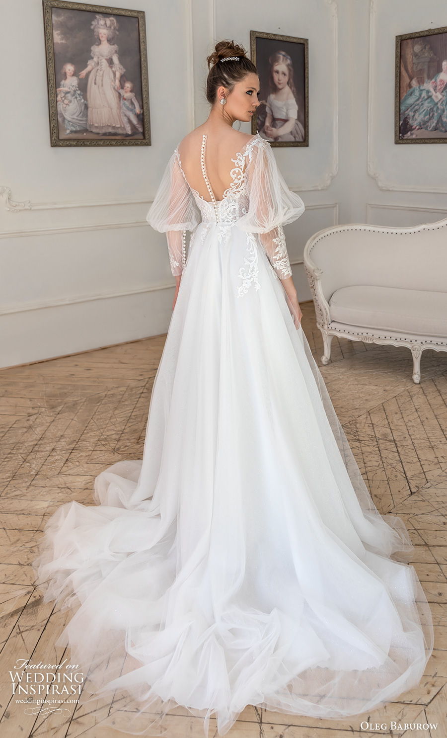 oleg baburow 2021 bridal long gigot sleeves sweetheart neckline heavily embellished bodice romantic elegant a  line wedding dress sheer button back medium train (10) bv